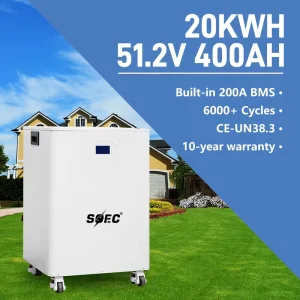 SOEC 51.2V 20KWH 400Ah Lifepo4 Lithium Ion Solar Battery Home Energy Storage System CAN Communication Smart LCD Display Wall
