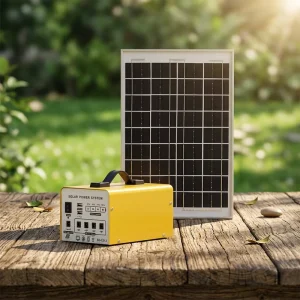 Small solar generators are used as portable power sources for emergency lighting during mobile phone charging and power outages