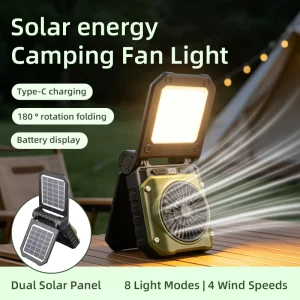 Solar Camping Fan Light with Dual Solar Panel USB Output 8 Light Modes 4 Speeds 180° Foldable Tent Lantern for Outdoor