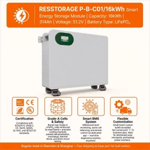 Solar Energy Storage System 51.2V 314Ah 16.08kWh LiFePO4 Battery with IP54 Protection for Home Electricity