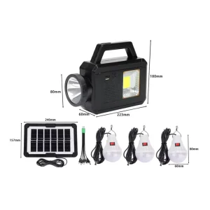 Solar Lighting System with Solar Panel, Three Bulbs, FM Radio, and Mobile Phone Charging