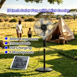 Solar Powered Fan with Light Solar Rechargeable Standing Fans for Home 16 Inch Solar Fan with Solar Panel and Bulbs