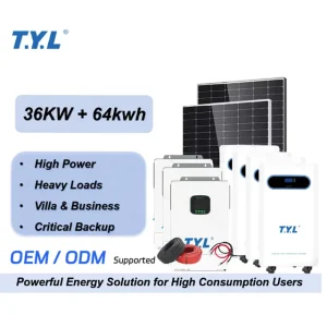 Split Hybrid Grid Solar Kit 36KW+64KWh 51.2V LiFePO4 Battery Storage IP65 Protection CAN for Single Family Large Villa