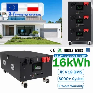 Stackable LiFePO4 JK V19 BMS Solar Battery 48V 314Ah Off Grid Solar Power System 51.2V 16Kwh Home Use Stacked Batteries