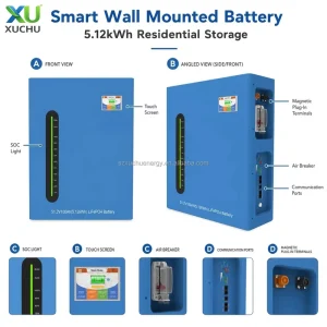 Stackable Split Hybrid Grid IP65 Wall Mounted Home Solar Battery 51.2V 100Ah 5.12kWh LiFePO4 Energy Storage System CAN Smart BMS