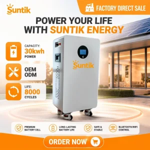 Suntik Ten Year Warranty LiFePO4 30kWh Stackable Split IP65 CAN Supports Customized Smart BMS 8000 Cycle Safety Environmental