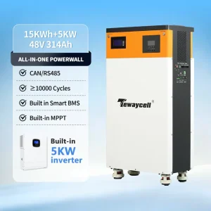 Tewaycell 15kWh 5kW Stackable All in One Off grid Solar 48V 314Ah LiFePO4 Battery Built in Inverter Plug and Play Easy Home ESS