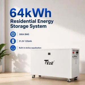 Teze 57kWh 64kWh LiFePO4 Home Energy Storage System 51.2V 1120Ah 1256Ah Solar Battery Pack with 300A BMS Active Equalization