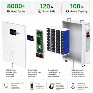 Wall-mounted Energy Storage LiFePO4 5KWh Built-in Smart 300A BMS for Hybrid on Off Grid Solar Household Power Backup System