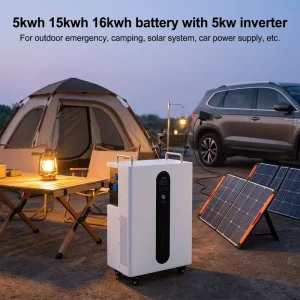 Wheeled 51.2V 5kWh 16kWh LiFePO4 Battery All in One Solar System 5kW Hybrid Inverter 220V Output for Backup Power