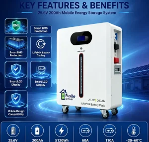 Wheeled Movable Lithium Energy Storage Battery 25.6V 200Ah 5120Wh LiFePO4 Battery 6000 Cycles Smart BMS Protection